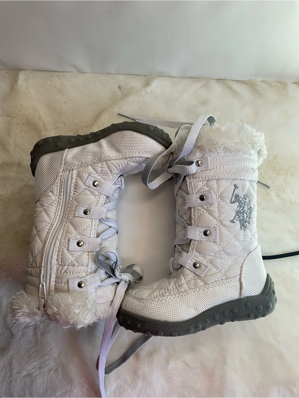 Polo Ralph Lauren Girls White Quilted Snow Boots Faux Fur Trim Lace-Up Side Zipp
